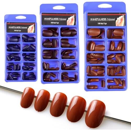100Pcs False Nails Short Oval Full Cover Nail Tips 2018 New Candy Colors Brown Cherry Red Wine Red Artificial kids Fake Nails