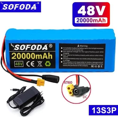 New Original 1000W 13S3P Rechargeable Battery Pack with BMS+Charger for Electric Bicycle Scooter 48V 20Ah Lithium Battery