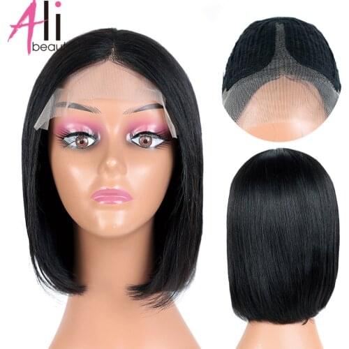 Human Hair Bobo Wig Brazilian Remy Straight T part Lace Bob Human Hair Wig Pre Pluck With Baby Hair