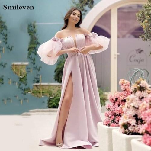 Smileven Pink V A Line Side Split Prom Dress Party Gowns Lantern sleeve Puffy Long Elegant Formal Evening Gown