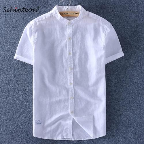 Schinteon Men Cotton Linen Shirt Short Sleeves Thin Top Slim Casual Shirts High Quality Stand Collar 6 Colors