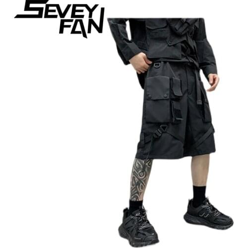 SEVEYFAN Summer Mens Cargo Shorts Multi Pockets Hip Hop Street Fashion Loose Black Shorts