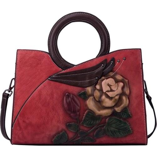 Female Fashion Messenger Bag Womens Bag New Luxury Women Genuine Leather Handbag Retro Floral Handmade Shoulder Bag