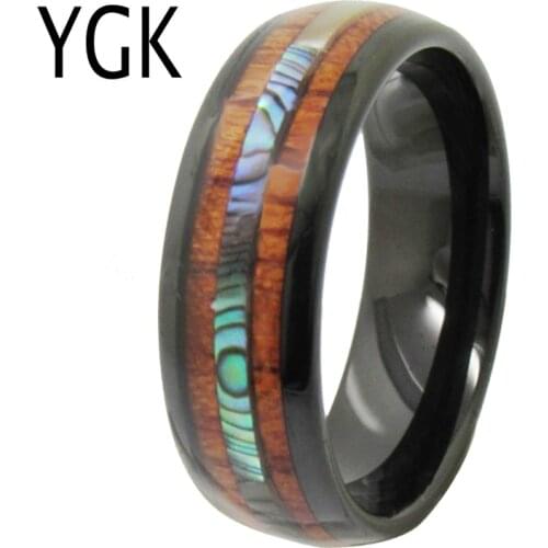 YGK Wedding Jewelry Black Dome With Wood & Shell Inlay Tungsten Rings for Mens Bridegroom Wedding Engagement Anniversary Ring