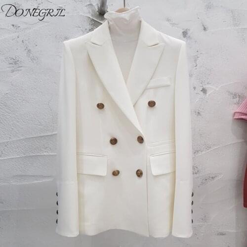 High Quality 2020 Spring Womens Jacket Blazer Coat Double-Breasted Black white Office Blazer Long sleeve Female Suits Jacket Ou