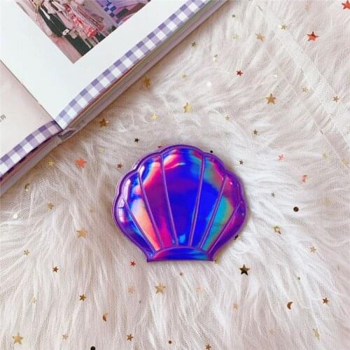 Y98B Creative Sea Shell Shaped Holographic Rainbow Colored Magnifying Compact Cosmetic Double Sided Folding Pocket Mirror
