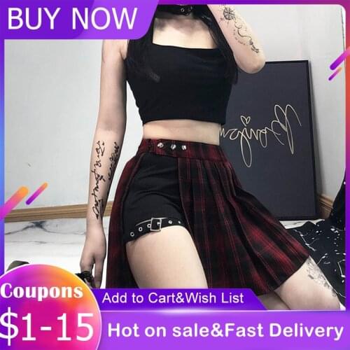 Gothic Plaid Mini Skirts Women High Waist Asymmetric Patchwork Bandage Punk Club Sexy Cool Fashion Red Green Short Skirt Hot New