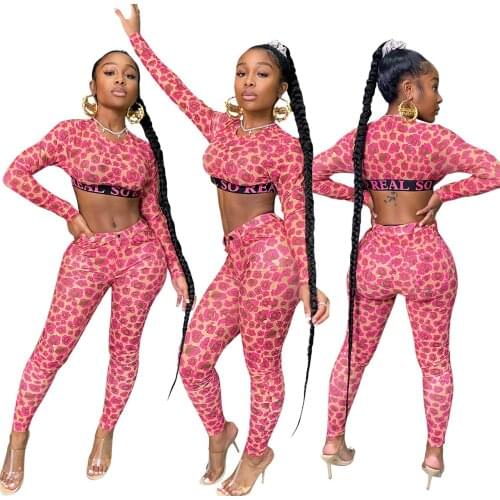 Leopard Print Women Casual Tracksuits Drop-shipping O-neck Full Sleeve Short T-shirts + Elastic Waist Skinny Sport Pants Outfits