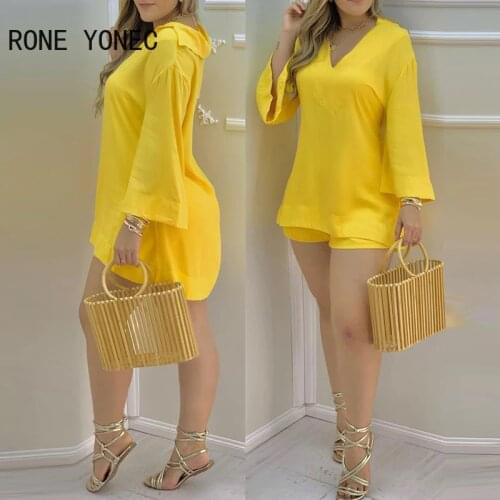 Women Two Piec Set Solid Plain Bell Sleeve V-Neck Top & Shorts Set Outfit Summer suit