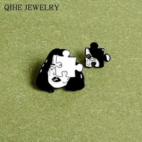 Womens face Puzzle Pieces Pins Black White Jigsaw Custom Badges Soft Enamel Brooches Female Lapel Pin Punk Gothic Jewelry