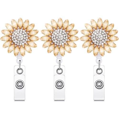 3Pcs Flower Retractable Name Card Badge Holder with Alligator Clip Rhinestone Retractable Badge Reel ID Badge Reel Clip