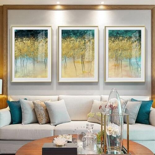 Abstract Drop Golden Foil Tree Canvas Painting Gold Poster Print Big Size Wall Art Picture for Living Room 3pc Artistic Tableaux