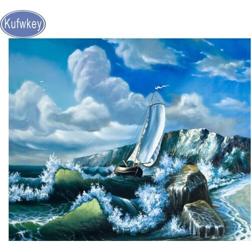 Full Drill Square Diamond Painting"boat" Picture Of Rhinestone 5D Diamond Embroidery Seaside landscape Diamond Mosaic home decor