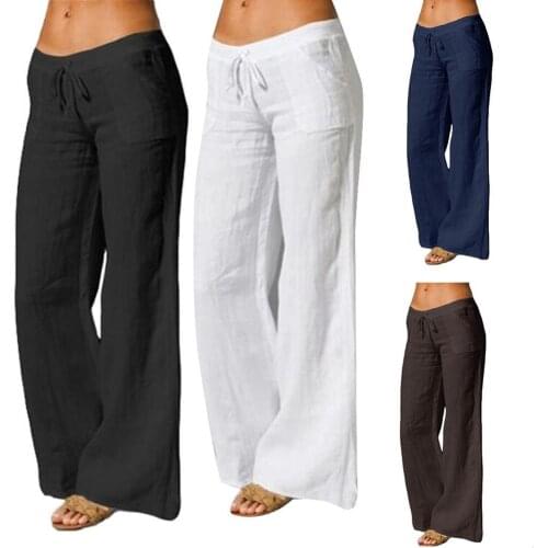 2020 Women Solid Color Pockets Drawstring Elastic Wide Leg Long Pants Trousers woman pants женские штаны mujer pantalones