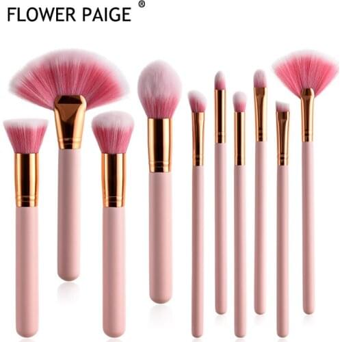 FLOWER PAIGE 10Pcs Makeup Brush Set Brush Loose Powder Brush Fan-shaped Eye Shadow Brush Pink Hair Handle Makeup Beauty