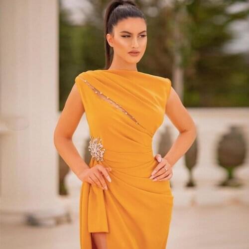 Elegant Boat Neck Beaded Sleeveless Evening Gowns High Slit Pleated Chiffon Special Occasion Gowns Vestidos De Fiesta 2020