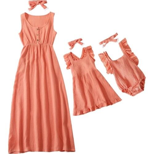 Fashion Mother Daughter Dresses Mommy And Me Sleeveless Romper Maxi Dresses+Headband Family Matching conjuntos de ropa a juego