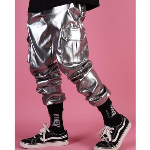 Men Pants Silver Coated Pocket Tooling Feet Pants Nightclub Hipster Singer Stage Performance Cargo Pants Men Hip Hop Joggers