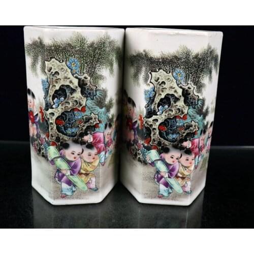 A Pair Chinese Ceramics Pastel Famille Rose Porcelain Chinaware Children Play Figure Pattern Hexagonal Pen Holder