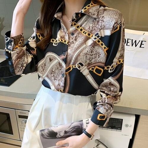 Silk Womens Blouse Print Polo Girls Shirt New Casual Loose Long Sleeve Top Chiffon Plus Size Summer Lady Blusas Houthion