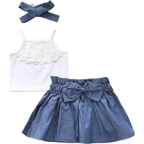 Baby Girl Tops Denim Skirt Bow Headband Ruffle Sling Shirts Patchwork Half-Dress Summer Suit Childrens Clothes Clothing Sets