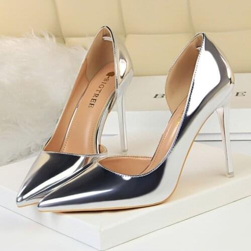 BIGTREE Shoes Women Heels Luxury Patent Leather Pump Heels Sexy Stiletto High Heels Ladies Sliver Gold Pointed Toe Wedding Shoes