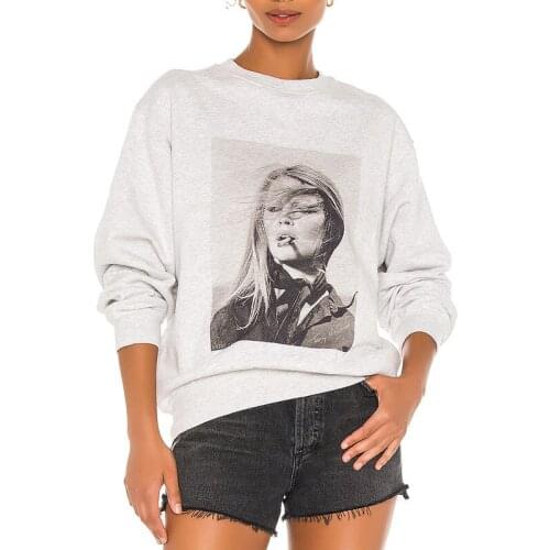 Spring Casual Smoking Pattern Sweatshirt for Women Light Grey Pullovers Loose Clothes