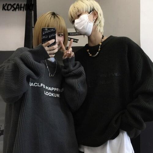KOSAHIKI Vintage Sweater Women Chic Ins Harajuku College Couples Teens Knitwear All-match Fall Spring Popular Ladies Pullovers
