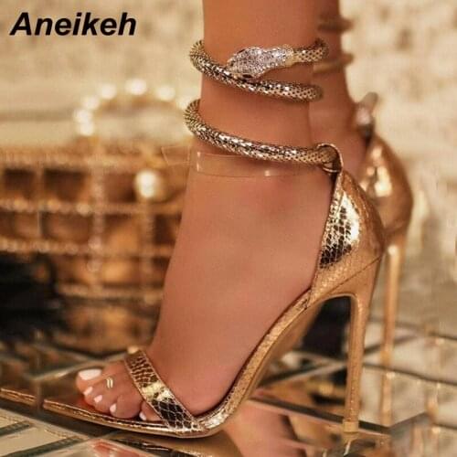 Aneikeh 2021 Summer Womens Shoes Sexy PU Pointed Toe High Heel Ankle Buckle Strap Party Sandals Rome Gladiator Gold Shallow