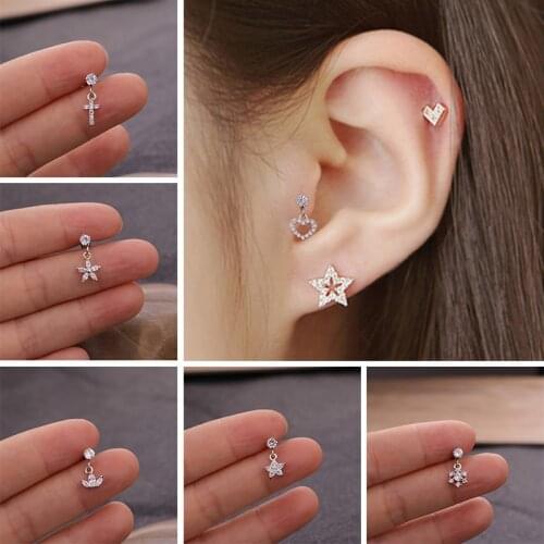 Women stainless steel Ear Studs Piercing Jewelry Tragus Earrings Cartilage Helix Cross/star/Heart Shape Pendant Ear Bone Nail