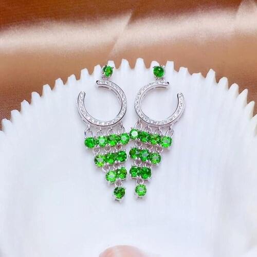 Fashion long Tassels Semicircle natural green diopside drop earrings Natural gemstone earrings 925 silver female party jewelry