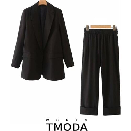 TMODA1973 Za 2021 Autumn Woman Fashion Black Blazer Jackets + Elastic Waist Pants Suit Coats British Outerwear Two Piece Sets