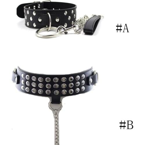 PU Leather Slave Rivet O Neck Collar Chain Leash Restraint Roleplay Black Fetish Bondage Collar Neck Cuffs for Couples BDSM