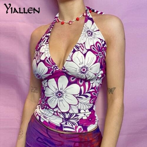 Yiallen Summer Women Fashion V Neck Crop Top Sleeveless Backless Print Bandage Halter Top Ladies Sexy Club Party Corset Tops