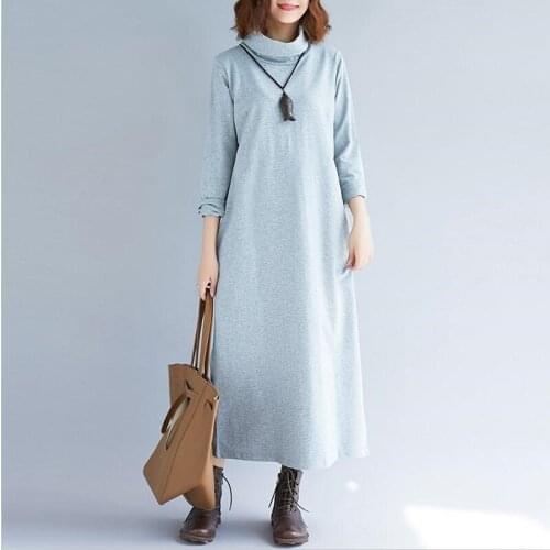 2020 New Autumn Winter Long Dress Cotton add Velvet Split Fork Women Dress Vintage Solid Turtleneck Botton Dress Plus Size S-7XL