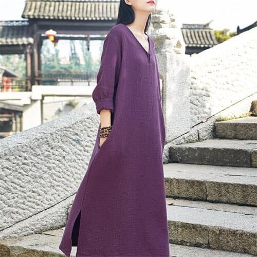 Women Cotton Linen Soft Long Dress V-Neck Button Maxi Dress Summer Autumn 2020 Fashion Loose Clothes Plus Size M-8XL