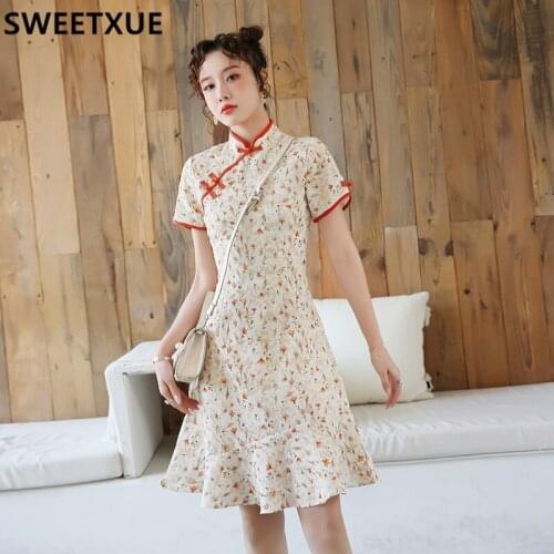 SWEETXUE Improved Version 2021 New Female Flower Embroidery Young Girl Cheongsam Dress Vestidos Robe Femme