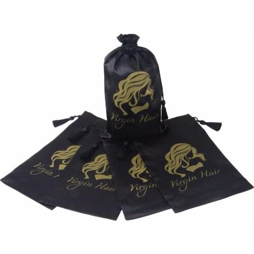 10pcs Black Virgin Hair Packaging Bag with Drawstring, Hair Extension Bundles Satin Bag with Tassel