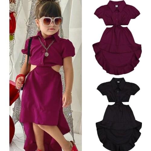2020-12-19 Lioraitiin 2-6T Girl’s Solid Dress 3 Colors Short Sleeve Hollowed Waist Asymmetrical Style Knee Length Party Dress