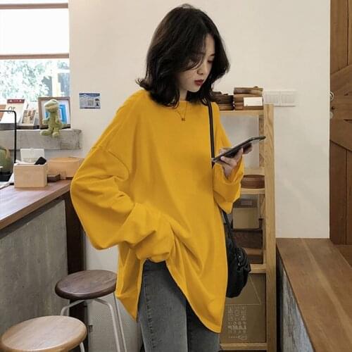 2020 Spring Solid Simple Oversized Tshirt Long T Shirt Women Kawaii T-shirts Women 90s White Yellow Long Sleeve Tops
