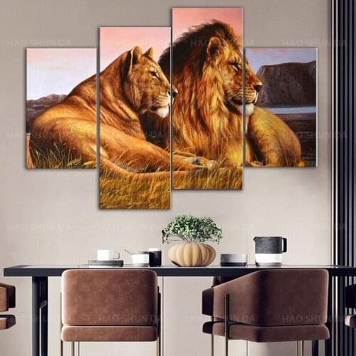 4 Panels Large Lion Painting for Home and Office Decor Modern Wild Lion and Lioness Canvas Giclee Artwork Animal Posters