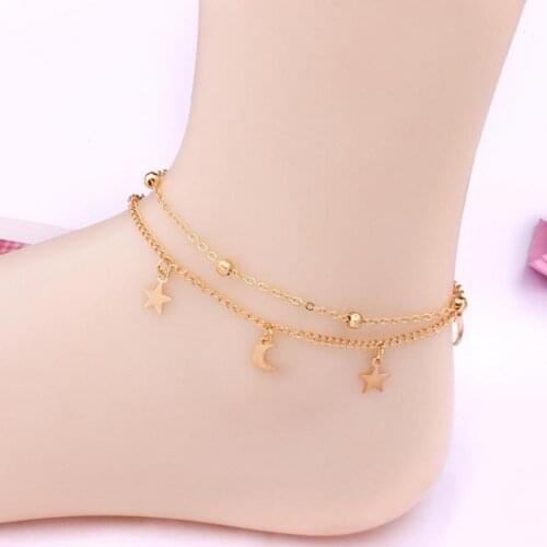 Double Chain Boho Anklet Foot Jewelry Ankle Summer Bracelet Moon Star Charm Sandals Barefoot Beach Leg Bracelet Bijoux Gift