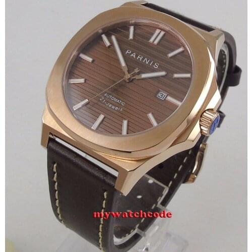 44MM parnis coffee dial date widnow luminous rose golden case miyota 821A automatic movement mens watch
