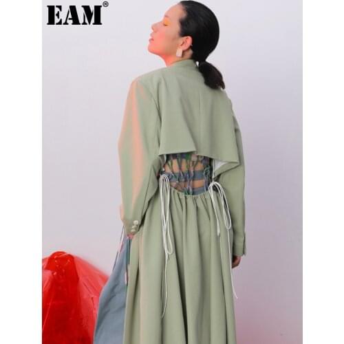 [EAM] Loose Fit Hollow Out Backless Bandage Jacket New Lapel Long Sleeve Women Coat Fashion Tide Spring Autumn 2021 JZ181