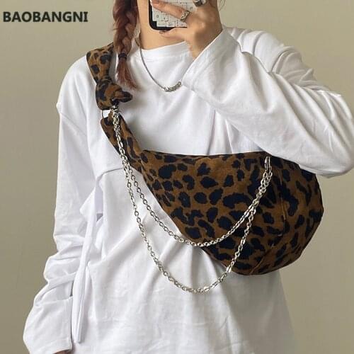 Elegant Leopard Pattern Female Chain Crossbody Waist Bag Large Capacity Corduroy Women Hobos Casual Tote Simple Ladies Handbags