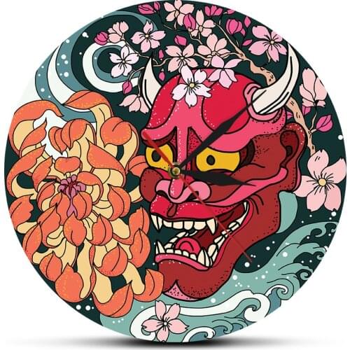 Gothic Style Red Oni Demon Mask Acrylic Wall Clock Japanese Dragon Peony Flower Wall Art Japan Sherpa Evil Home Decor Timepiece
