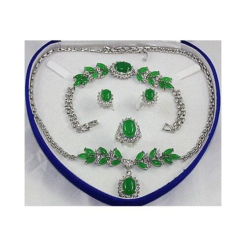 Fine real new Fashion Cubic Zirconia Trendy Jewelry 100% womens set green JADE silver crystl Earring Bracelet Necklace Ring