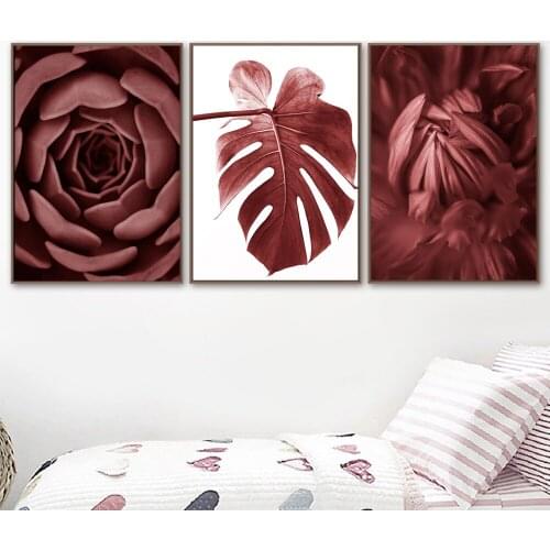 Beautiful Red Palm Leaves Flower Canvas Painting Wall Art Nordic Posters and Prints Wall Pictures for Living Room Decoration
