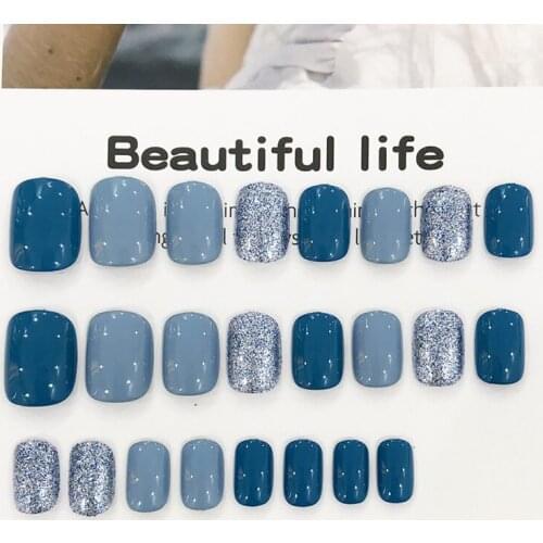 Summer Simple Blue Color False Nails Patches American Style Fake Nails DIY Short Size Full Cover Nail Tips With Glue
