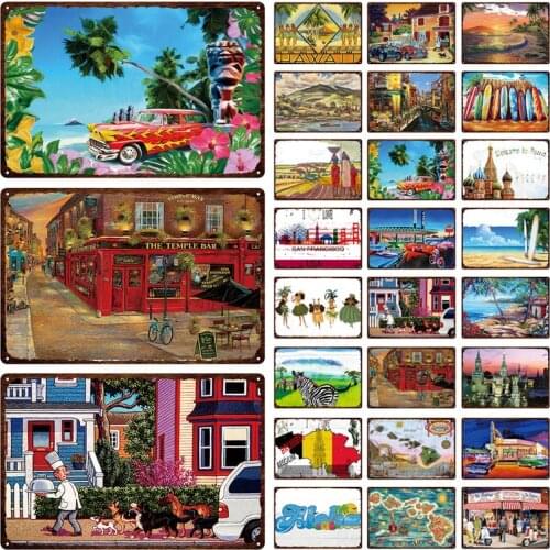 Aloha City Traval Metal Tin Sign Poster Hawaii Seaside Beach Surf Landmark Vintage Plate Painting Plaque